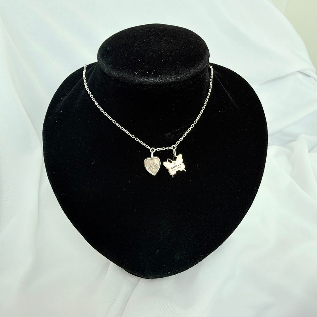 Gucci Heart Butterfly Charm Sterling Silver 925 Women's Necklace 17.5-19” With Packaging