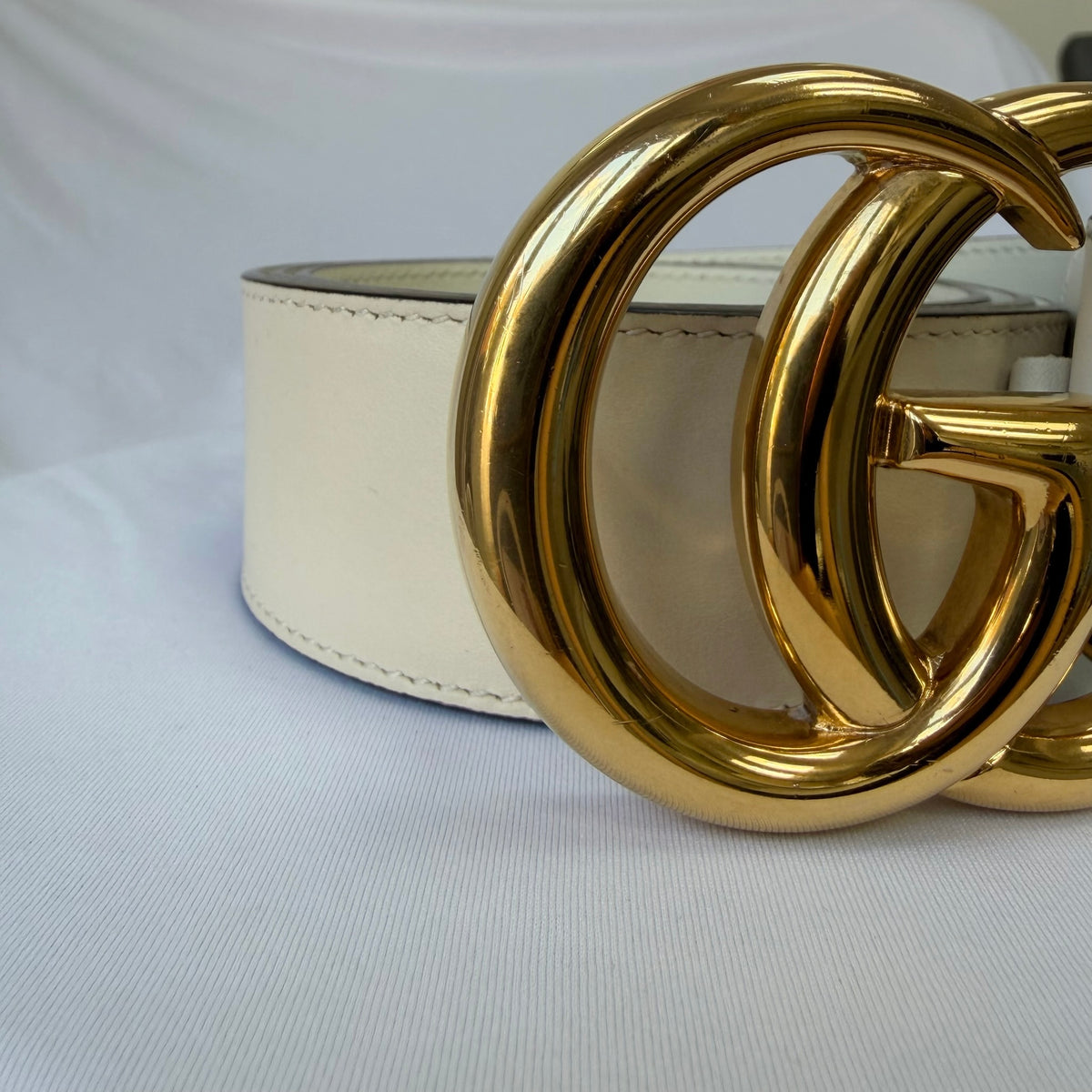 Gucci GG Marmont 24k Gold Buckle Cream Leather Belt 4cm 85cm 34” 400593