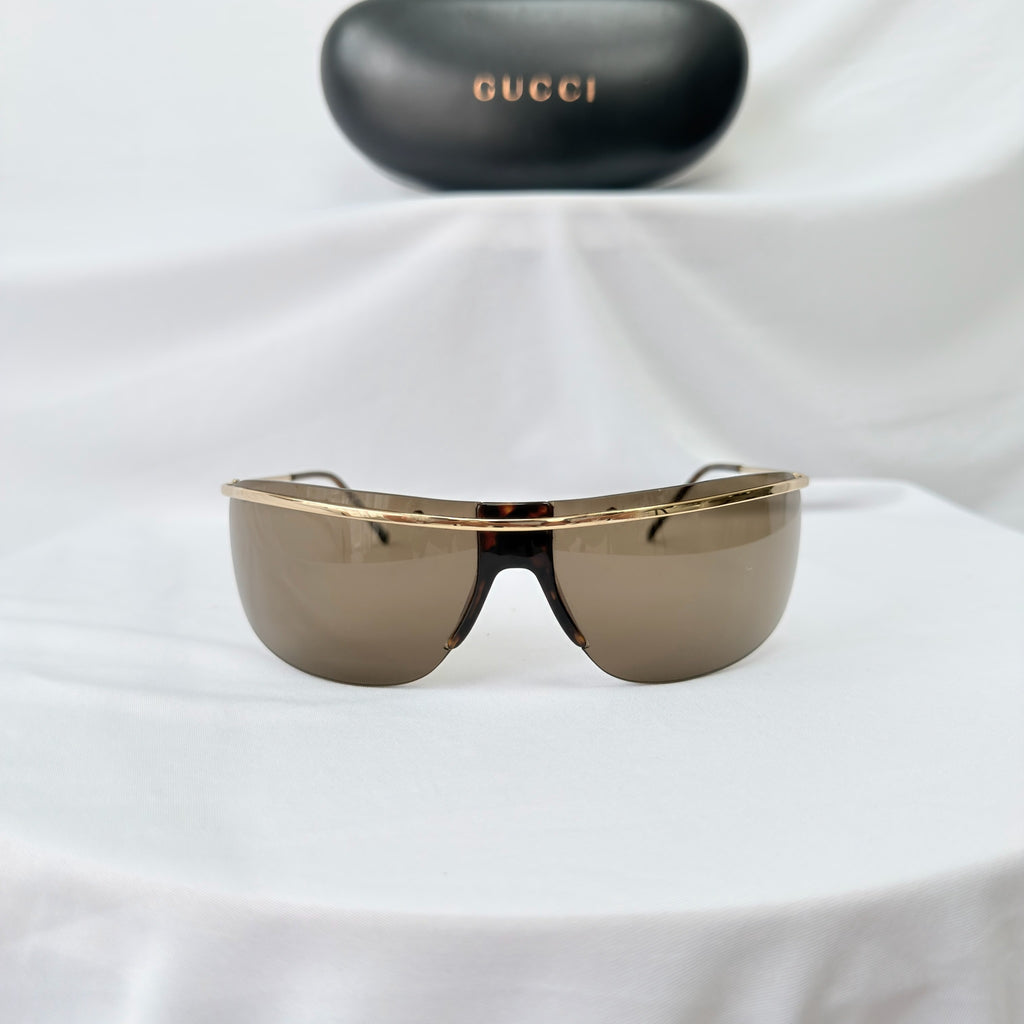 Vintage Gucci GG1870/S J5G6J Brown Gold Rimless Shield Wrap Sunglasses With Case