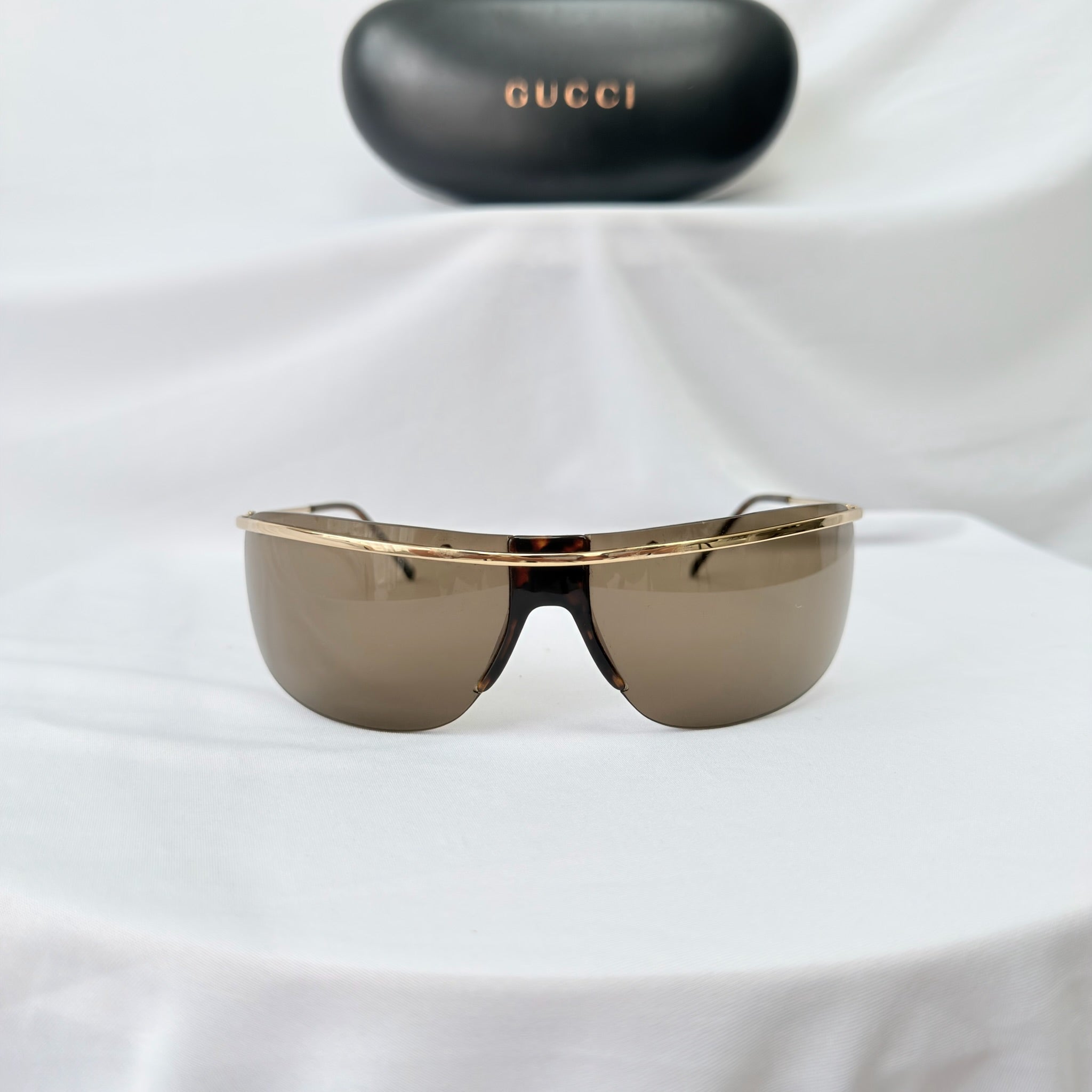 Vintage Gucci GG1870/S J5G6J Brown Gold Rimless Shield Wrap Sunglasses With Case