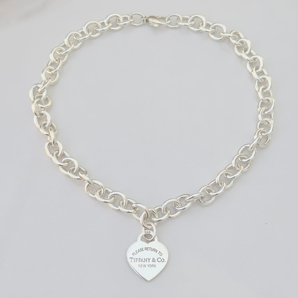 Authentic Tiffany & Co. Sterling Silver 925 Medium Heart Pendant Choker Necklace With Pouch 15 inches
