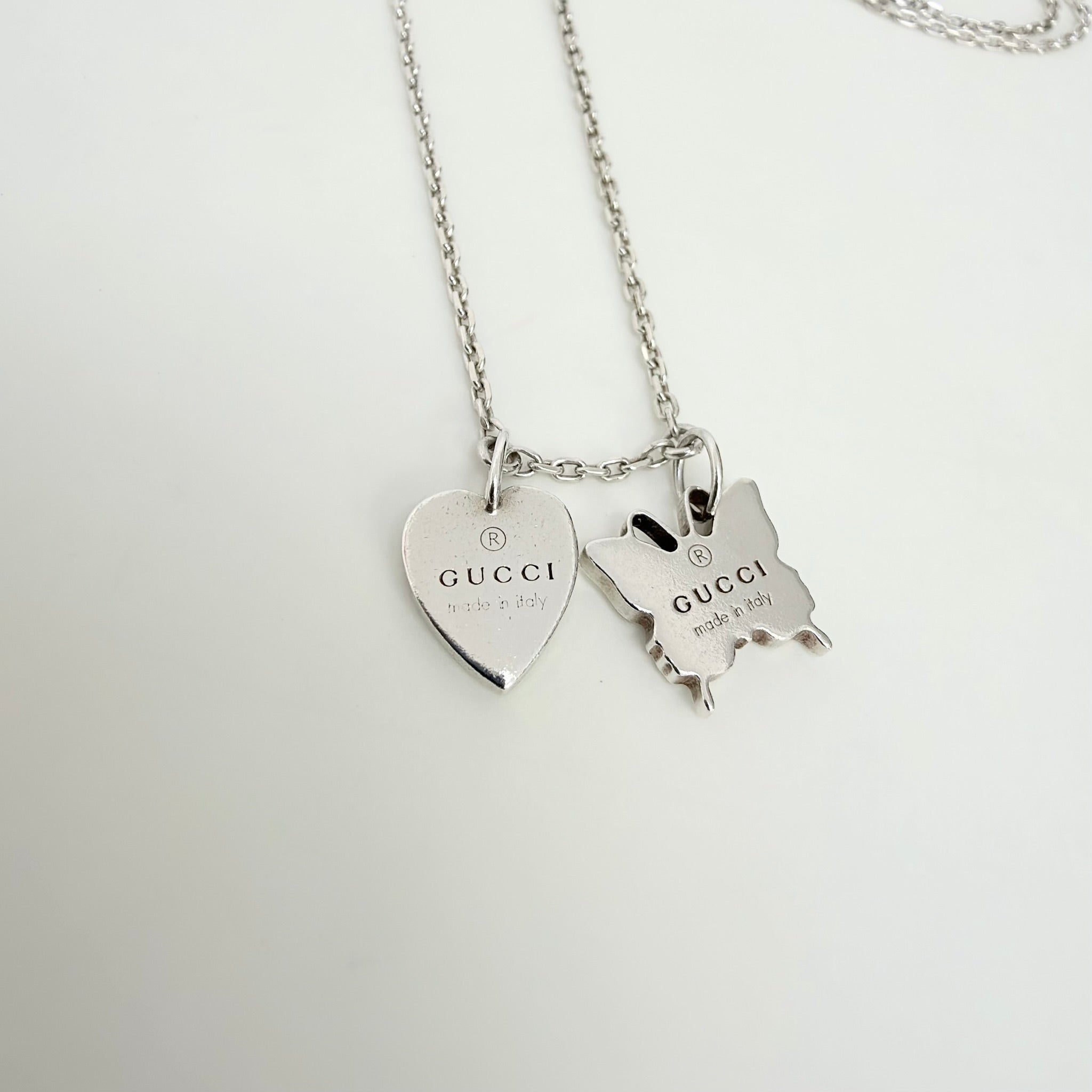 Gucci Heart Butterfly Charm Sterling Silver 925 Women's Necklace 17.5-19” With Packaging