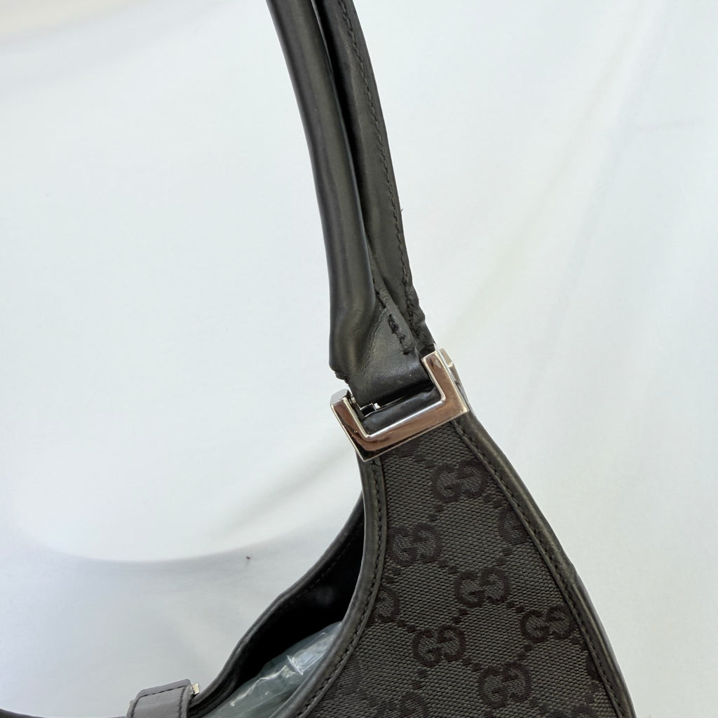 Vintage Gucci Jackie Bardot Medium Size GG Monogram Canvas Leather Black Handbag With Dustbag