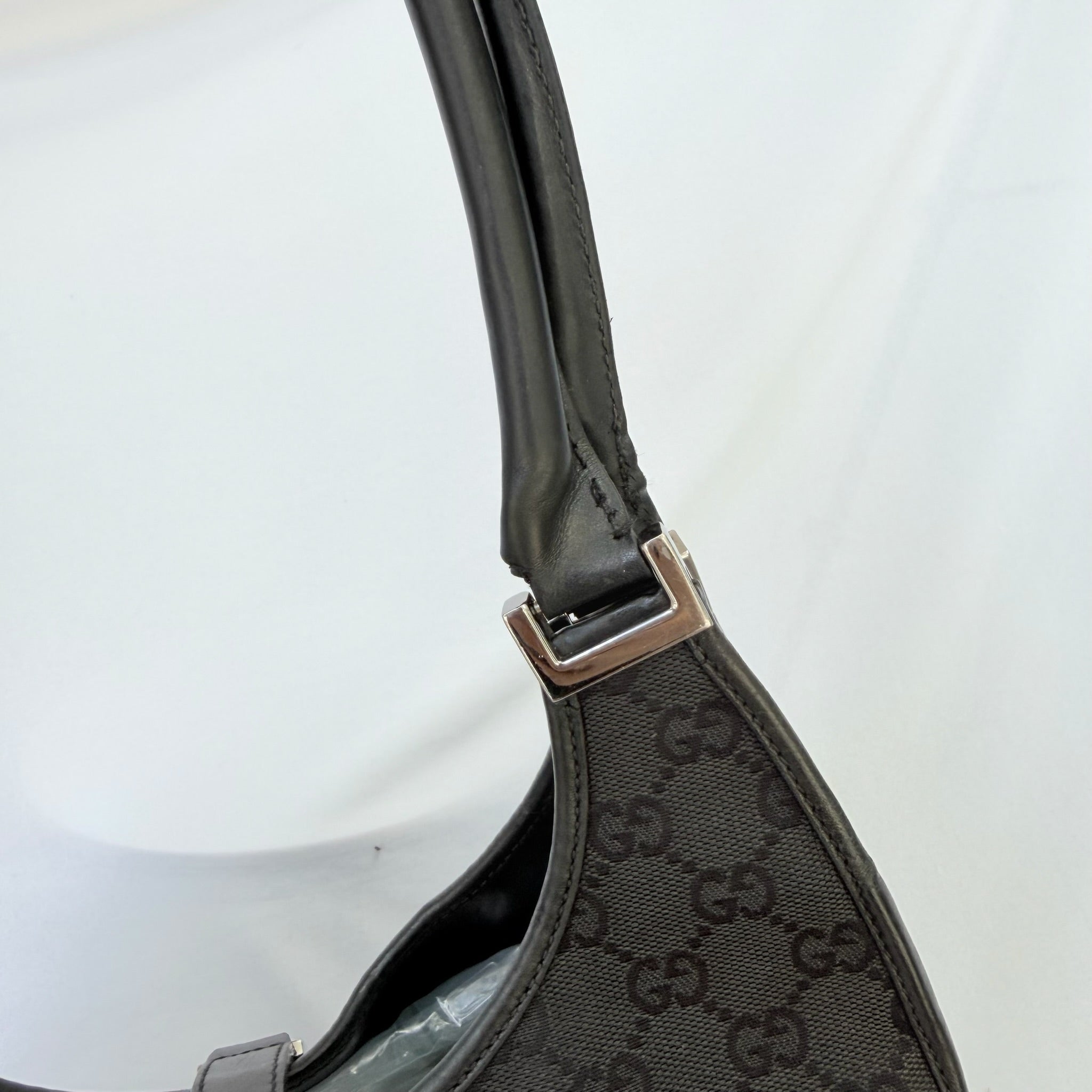 Vintage Gucci Jackie Bardot Medium Size GG Monogram Canvas Leather Black Handbag With Dustbag