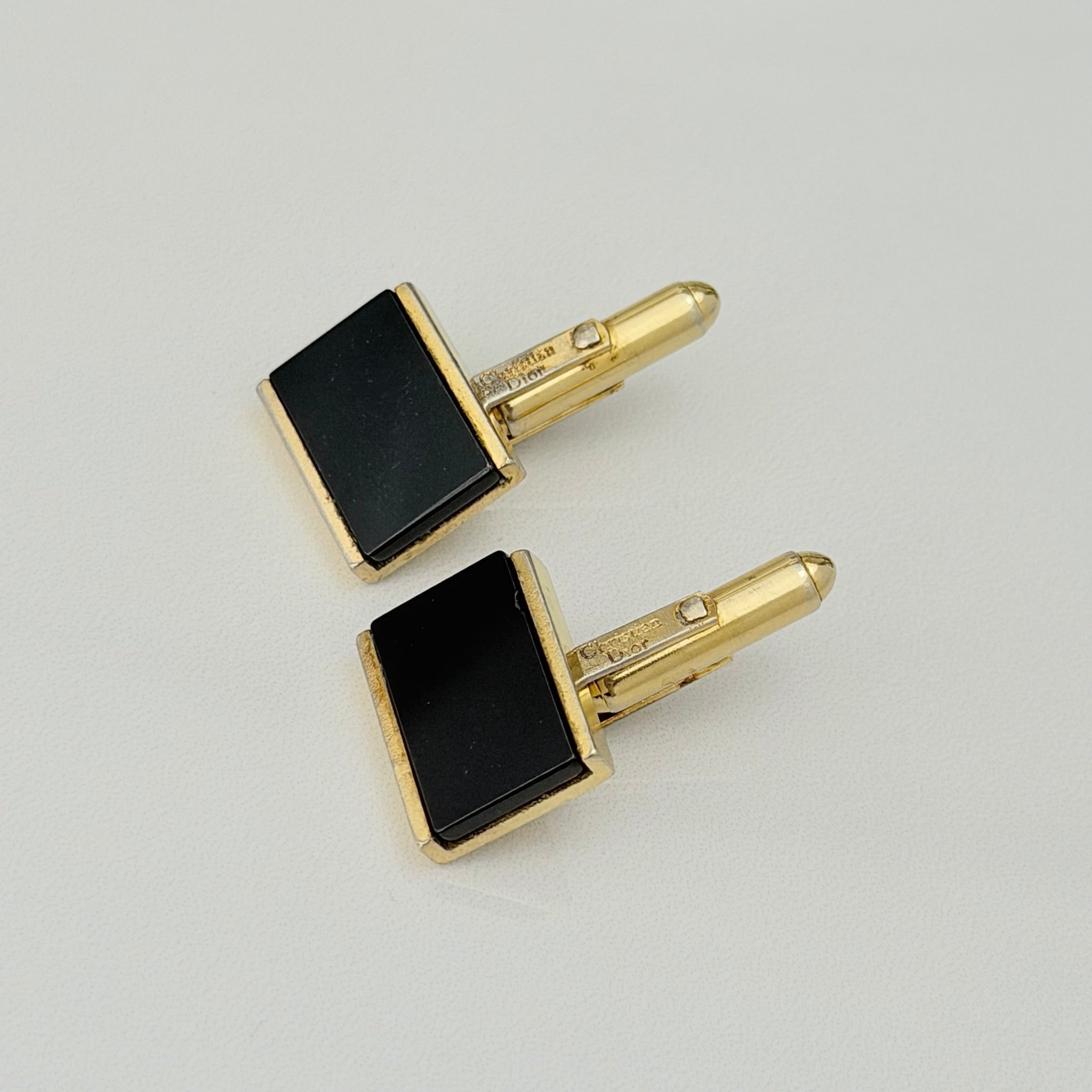 Authentic Christian Dior Vintage Rectangular Gold Tone Black Onyx Cuff Links