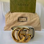 Gucci GG Marmont 24k Gold Buckle Cream Leather Belt 4cm 85cm 34” 400593