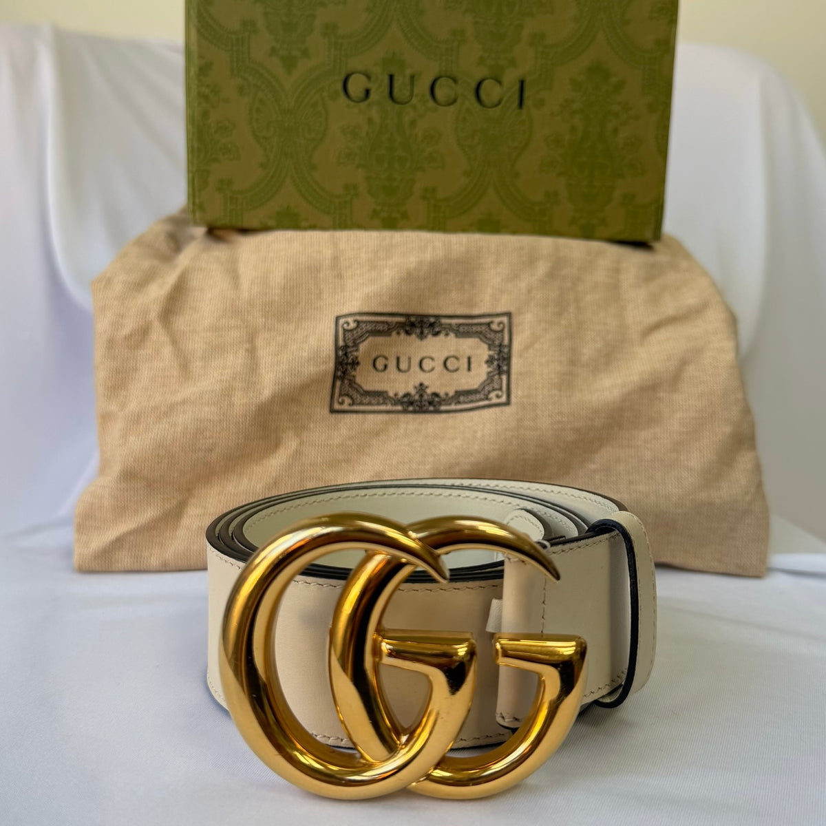 Gucci GG Marmont 24k Gold Buckle Cream Leather Belt 4cm 85cm 34” 400593