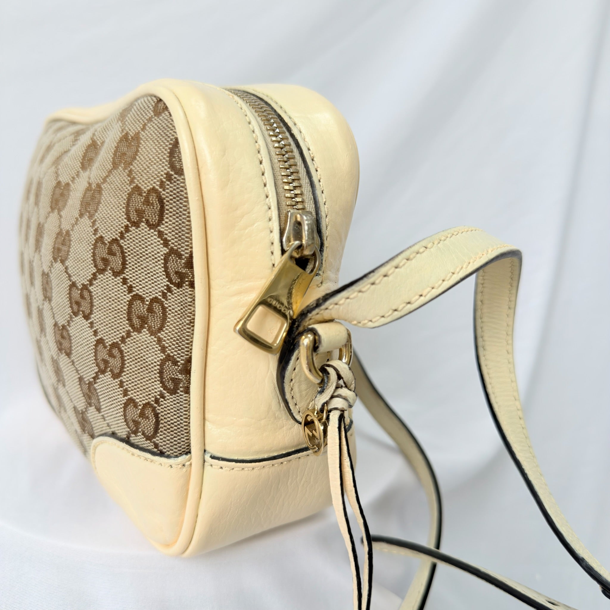 Authentic Gucci GG Bree Cream Leather Brown Canvas Crossbody Women's Bag With Dust bag
