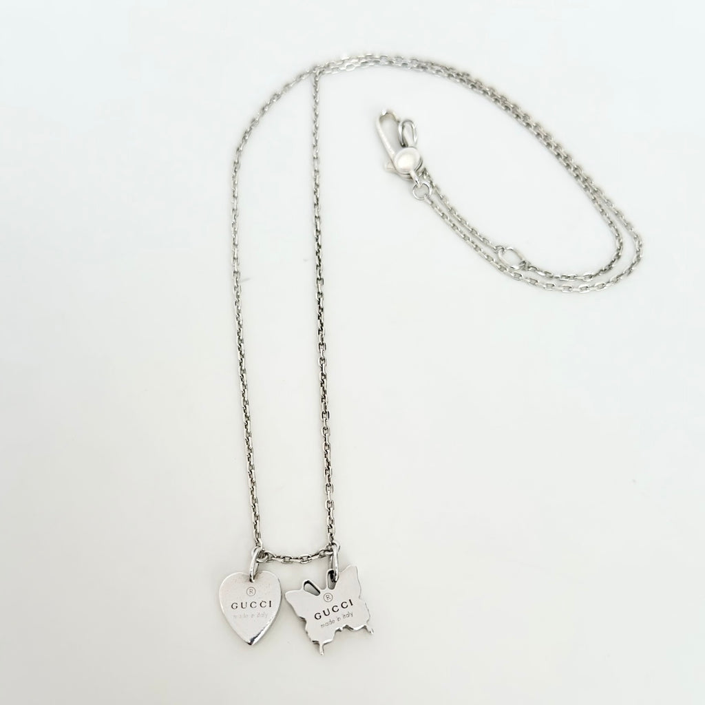 Gucci Heart Butterfly Charm Sterling Silver 925 Women's Necklace 17.5-19” With Packaging