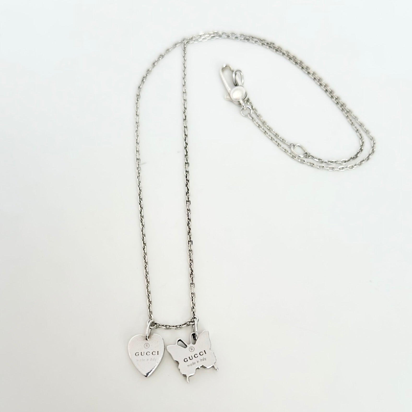Gucci Heart Butterfly Charm Sterling Silver 925 Women's Necklace 17.5-19” With Packaging