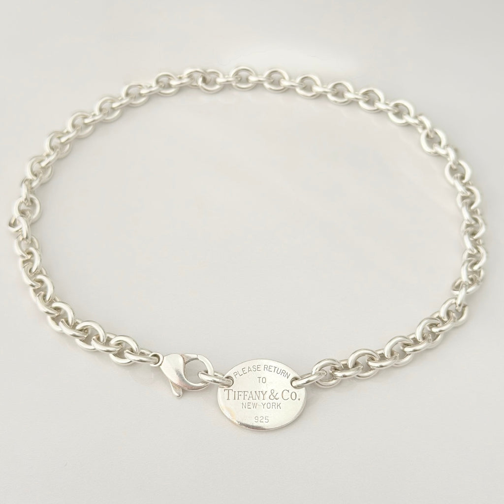 Authentic Tiffany & Co. Sterling Silver 925 Oval Pendant Choker Necklace With Packaging 15 inches