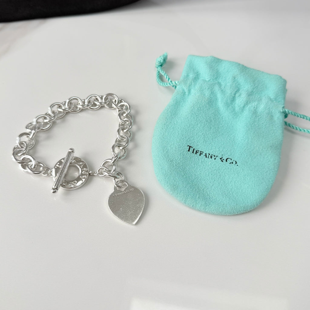 Authentic Vintage Tiffany & Co. Sterling Silver 925 Toggle Heart Pendant Bracelet With Pouch 21cm