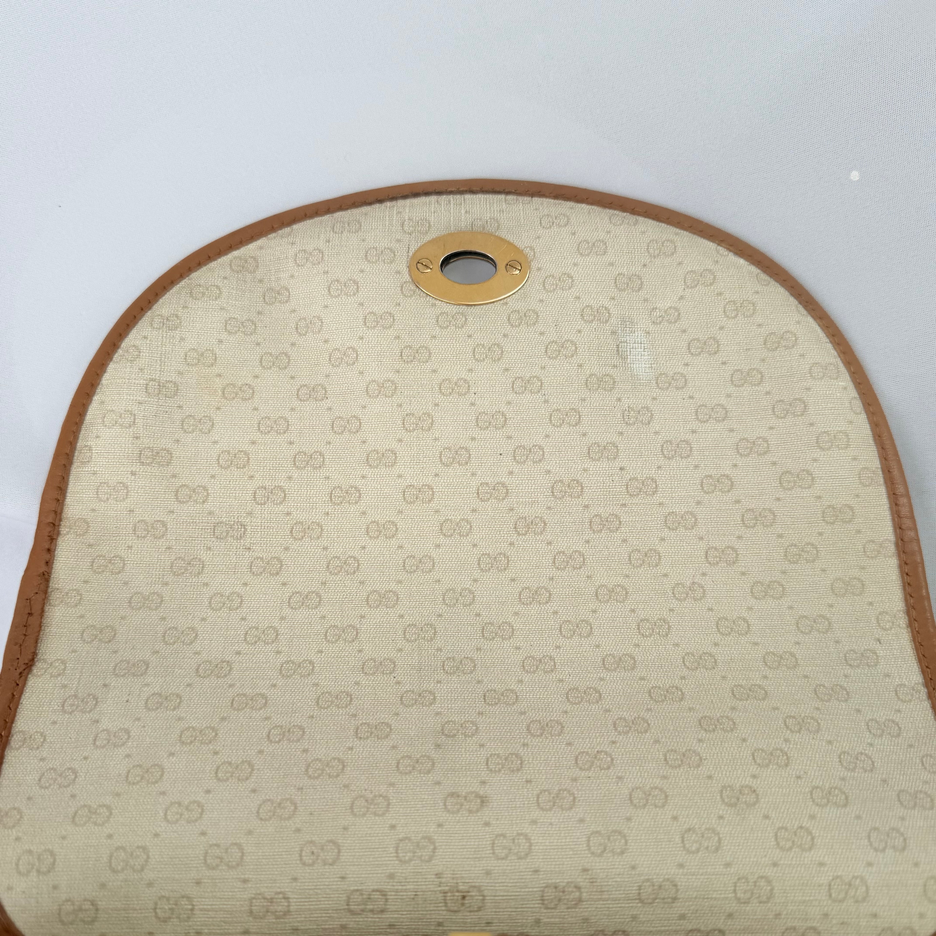Vintage Gucci GG Supreme Monogram Small Leather Coated Canvas Beige Tan Cream Crossbody Turn Lock Handbag
