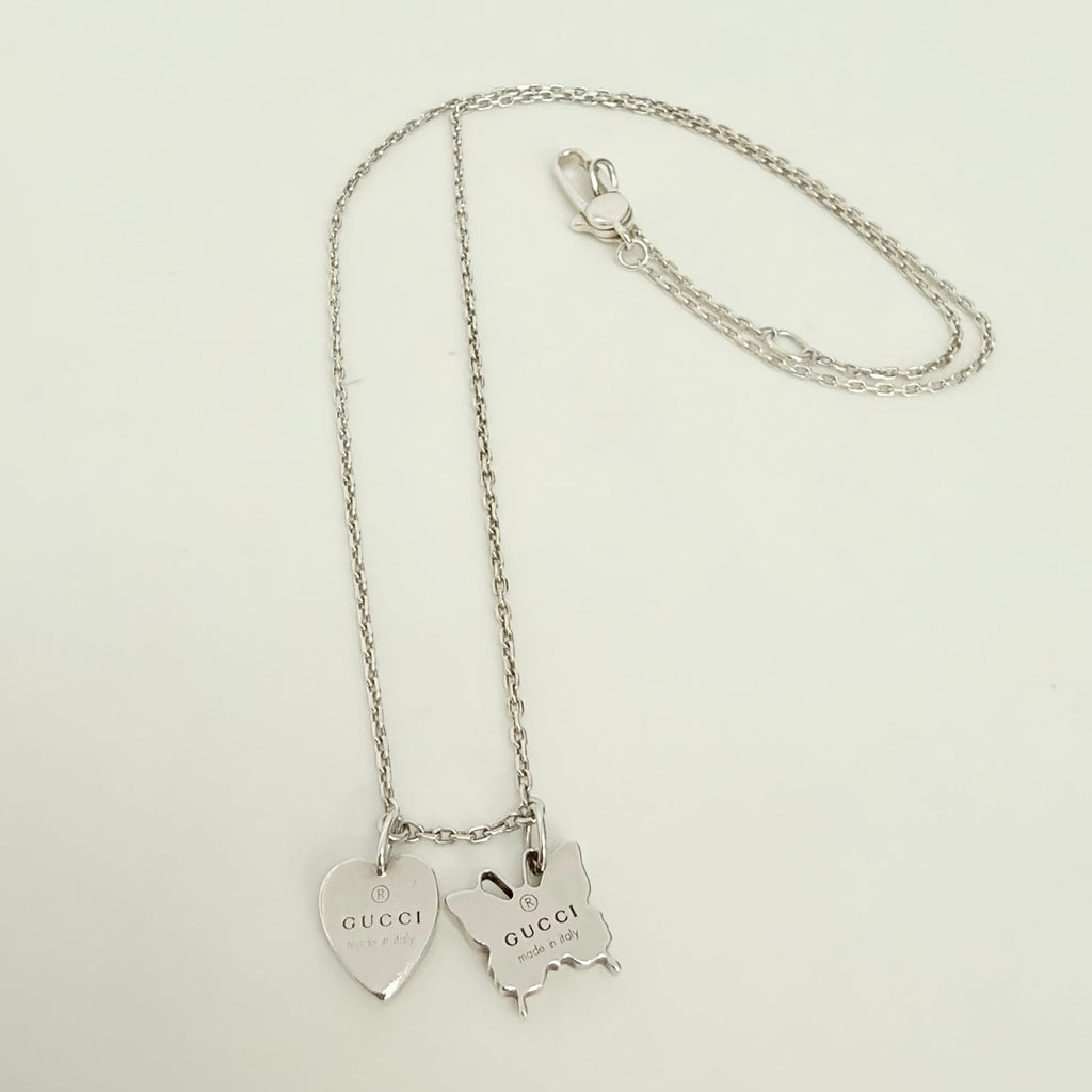 Gucci Heart Butterfly Charm Sterling Silver 925 Women's Necklace 17.5-19” With Packaging