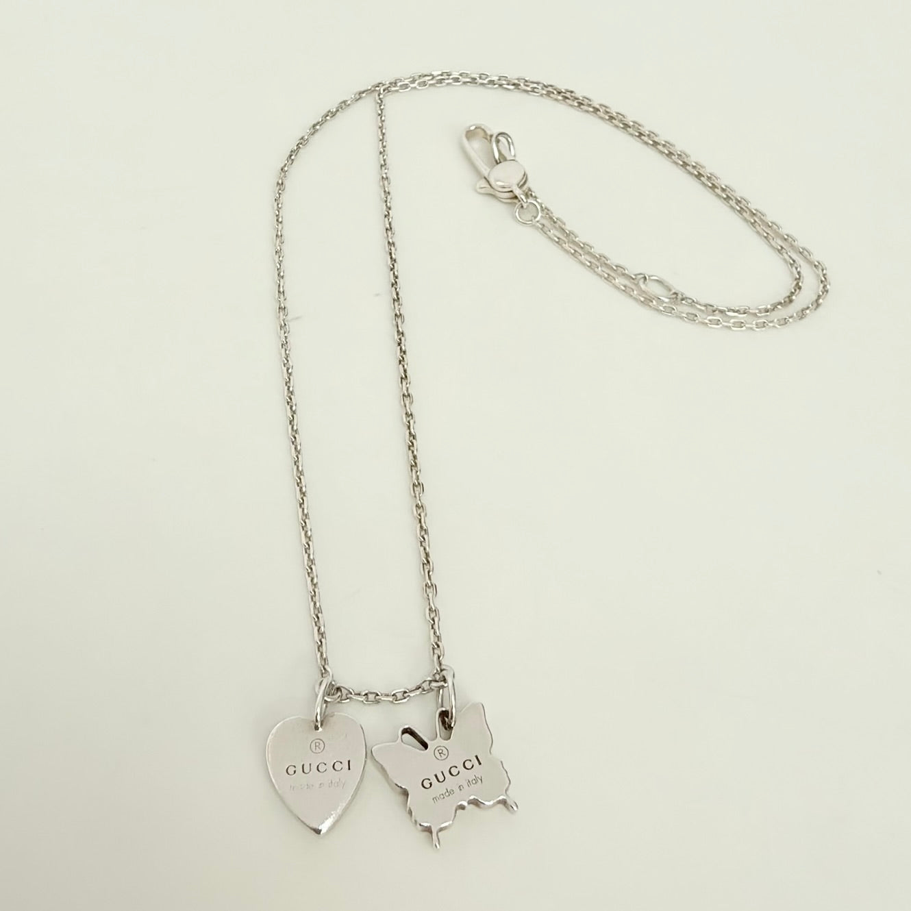 Gucci Heart Butterfly Charm Sterling Silver 925 Women's Necklace 17.5-19” With Packaging