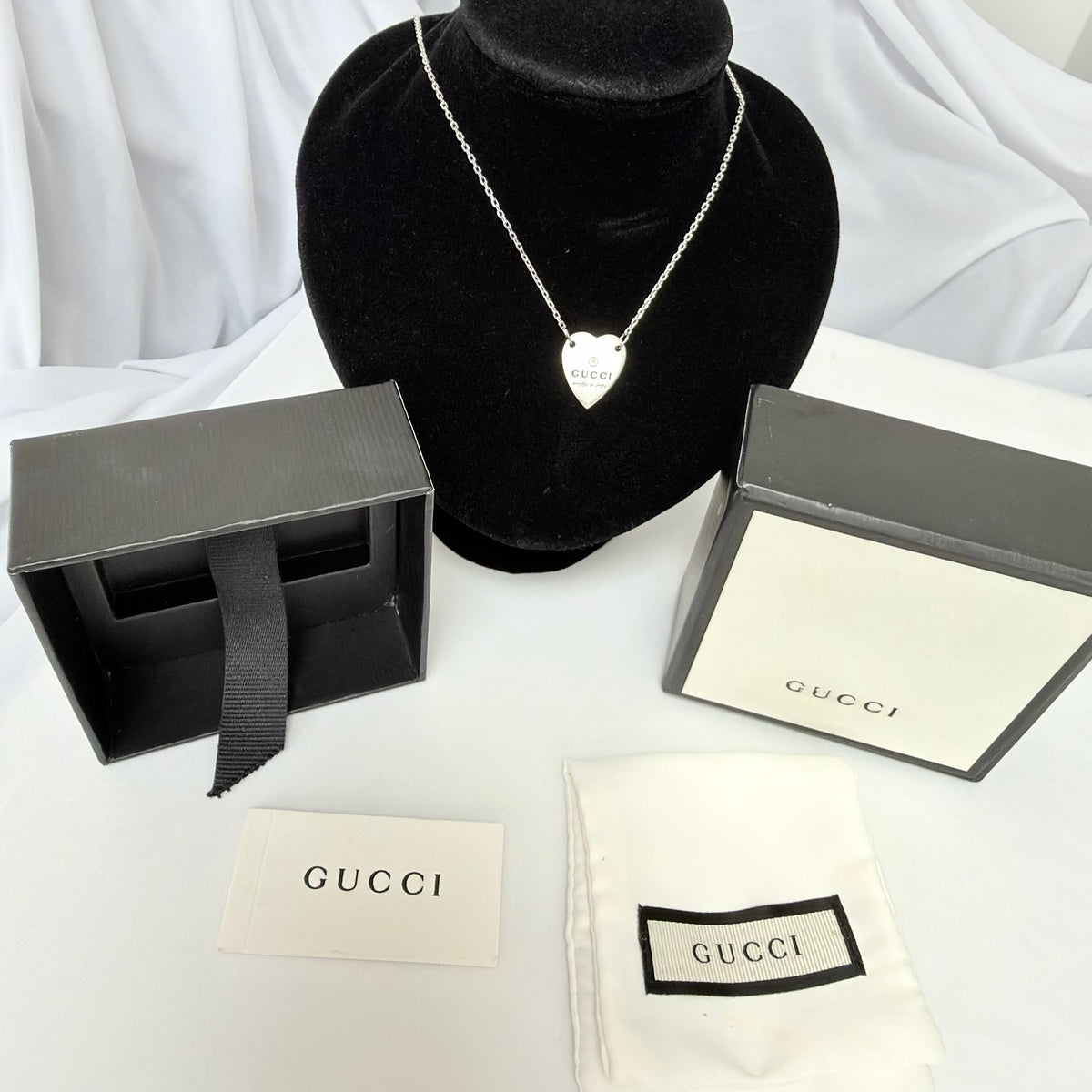 Gucci Heart Trademark Pendant Sterling Silver 925 Women’s Necklace 48cm With Packaging