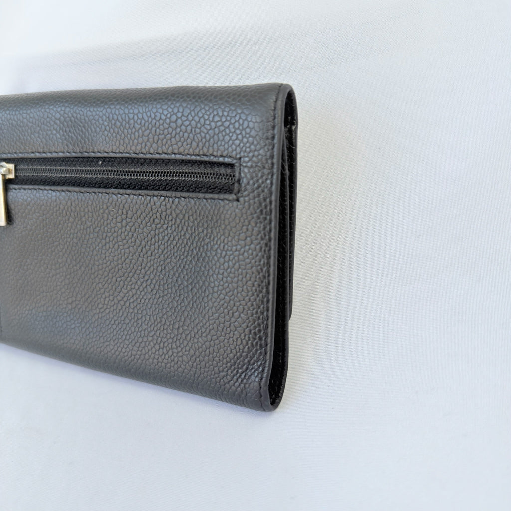 Chanel CC Logo Caviar Skin Trifold Wallet Black Leather Zipper Medium