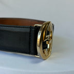 Gucci Interlocking G 24K Gold Plated Black Leather Belt 3.5cm width 36” 370543