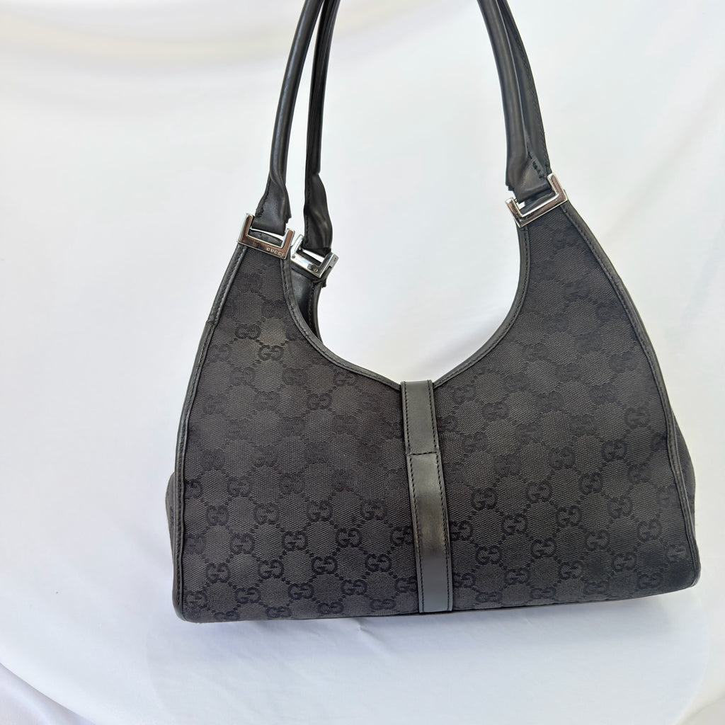 Vintage Gucci Jackie Bardot Medium Size GG Monogram Canvas Leather Black Handbag With Dustbag