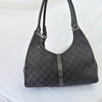 Vintage Gucci Jackie Bardot Medium Size GG Monogram Canvas Leather Black Handbag With Dustbag