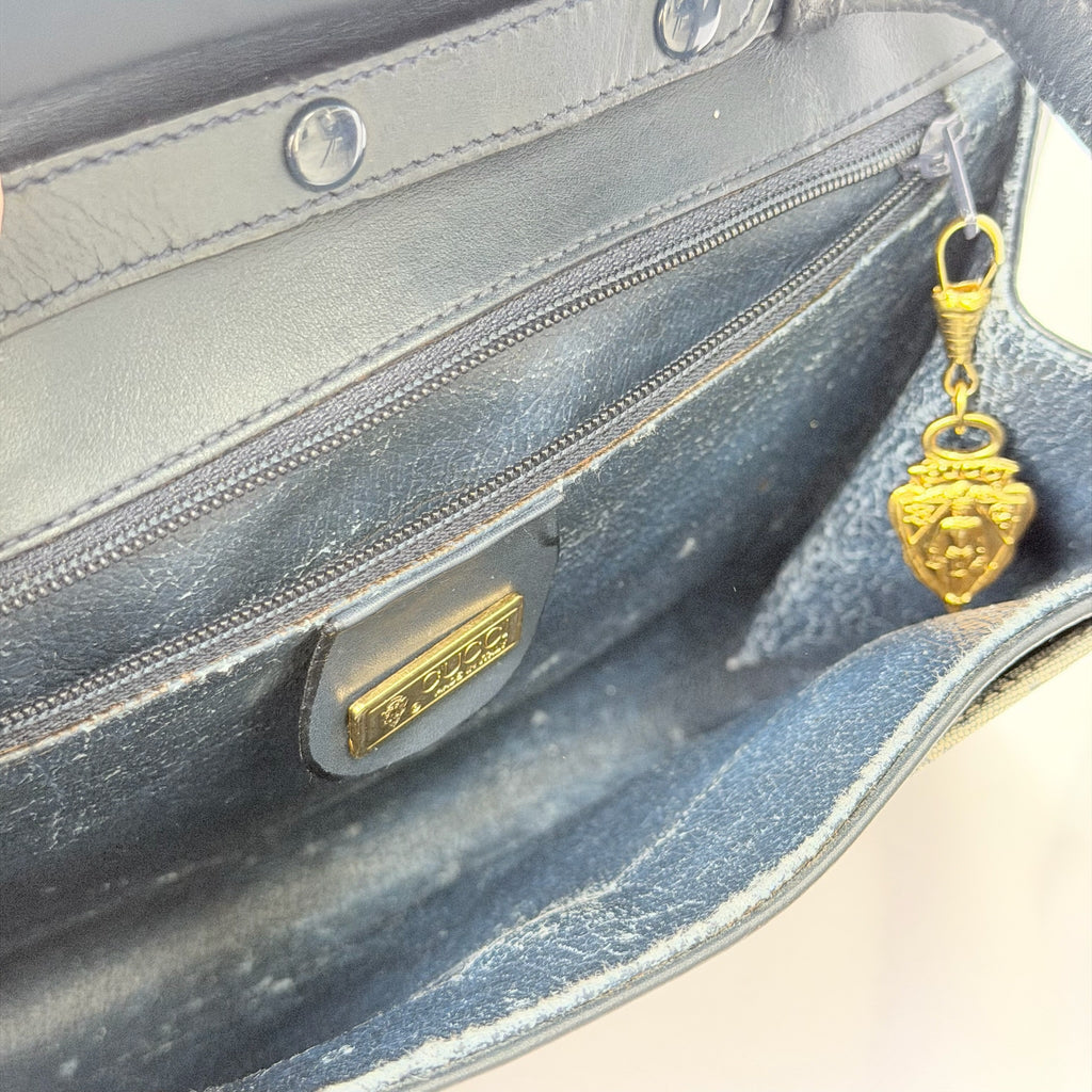 Gucci Authentic Vintage Navy Beige Gold Leather Micro GG Supreme Women’s Crossbody Bag