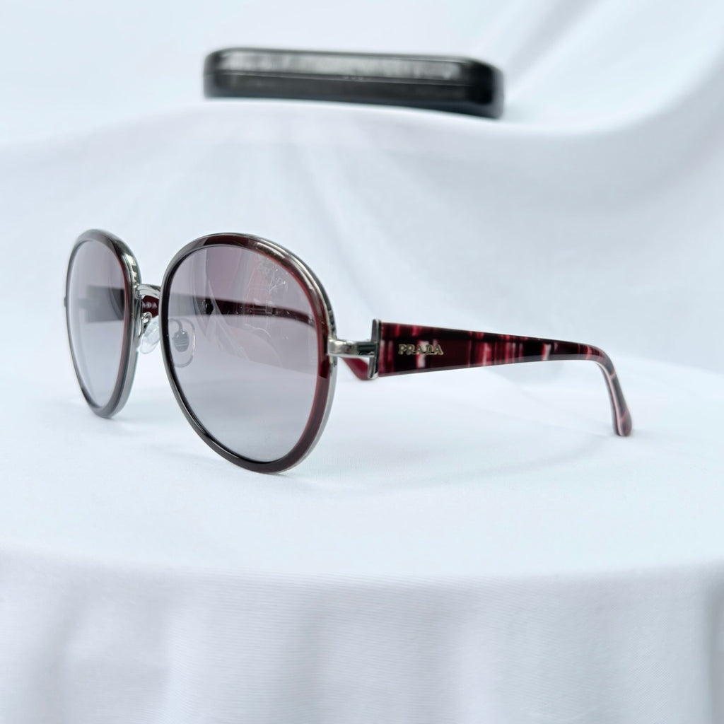 Prada SPR 51N Burgundy Red Striped Arms Oversized Oval Round Women’s Sunglasses