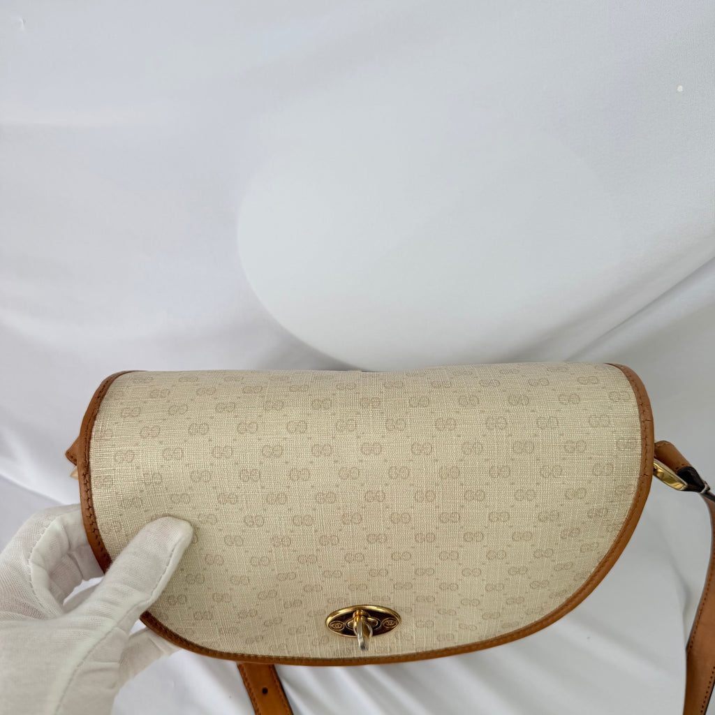 Vintage Gucci GG Supreme Monogram Small Leather Coated Canvas Beige Tan Cream Crossbody Turn Lock Handbag