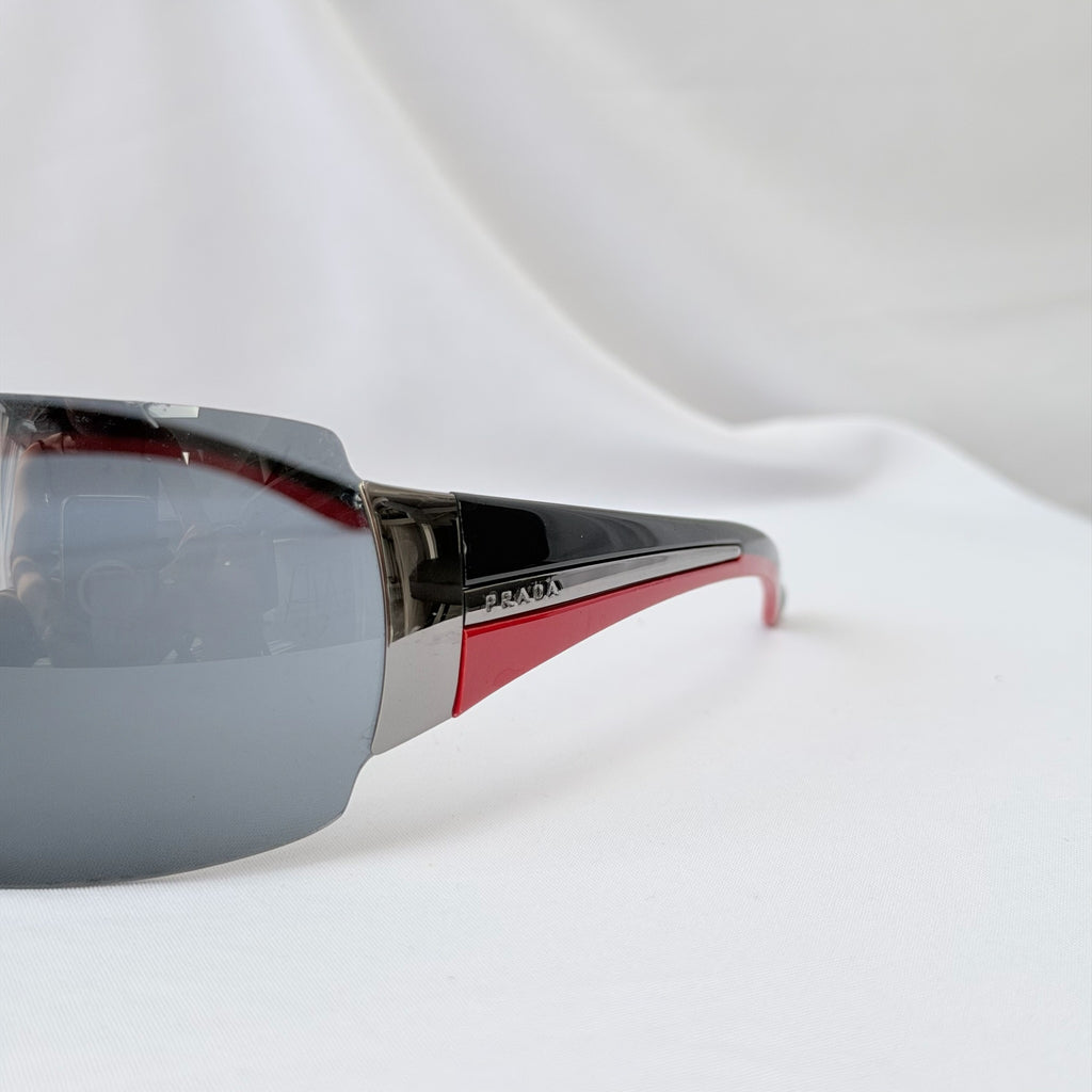 Vintage Prada Wrap Shield Red, Silver & Black Unisex Sunglasses SPR 54G With Case
