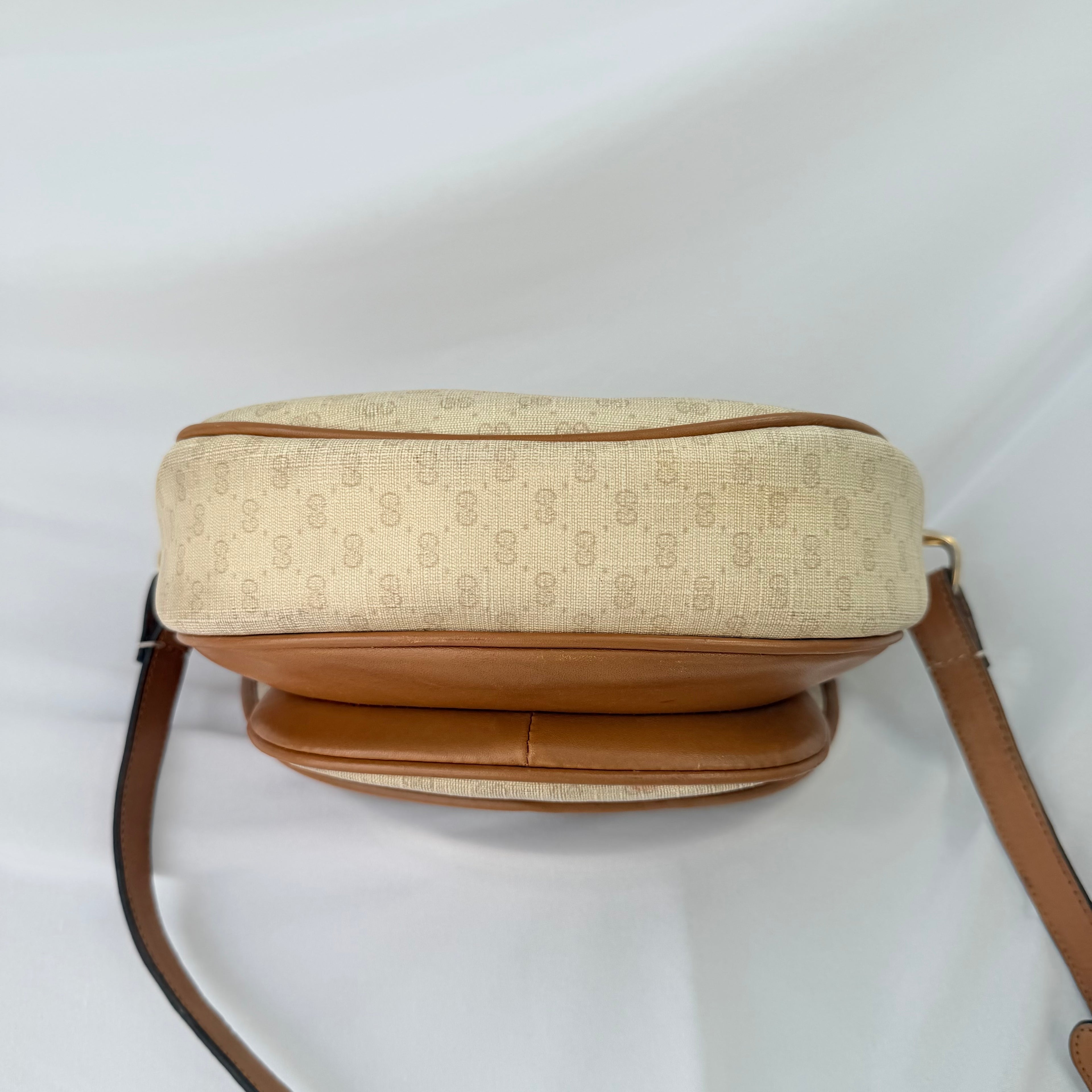 Vintage Gucci GG Supreme Monogram Small Leather Coated Canvas Beige Tan Cream Crossbody Turn Lock Handbag