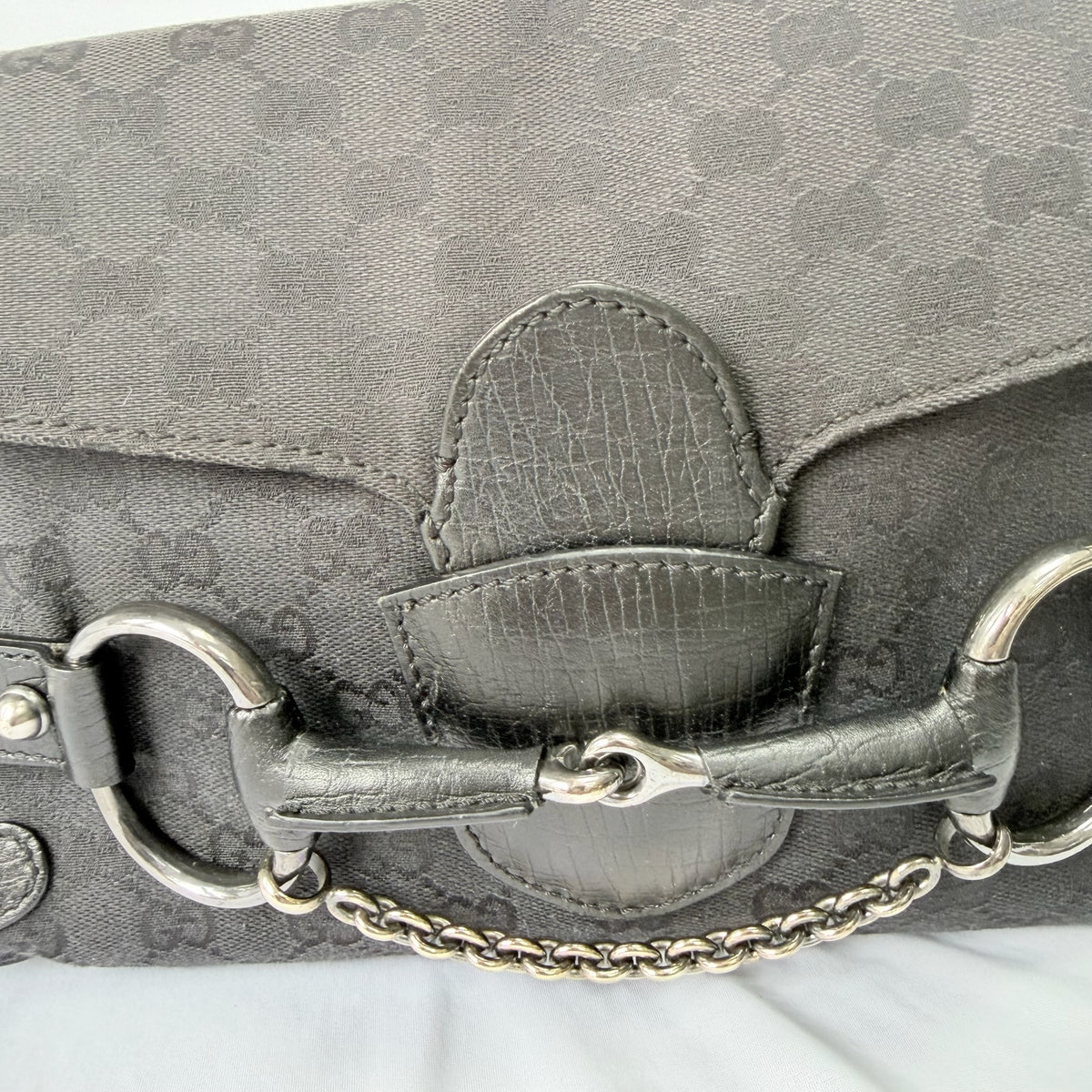 Vintage Gucci Horsebit Black Monogram Canvas Medium Shoulder Handbag Tom Ford Era 2004