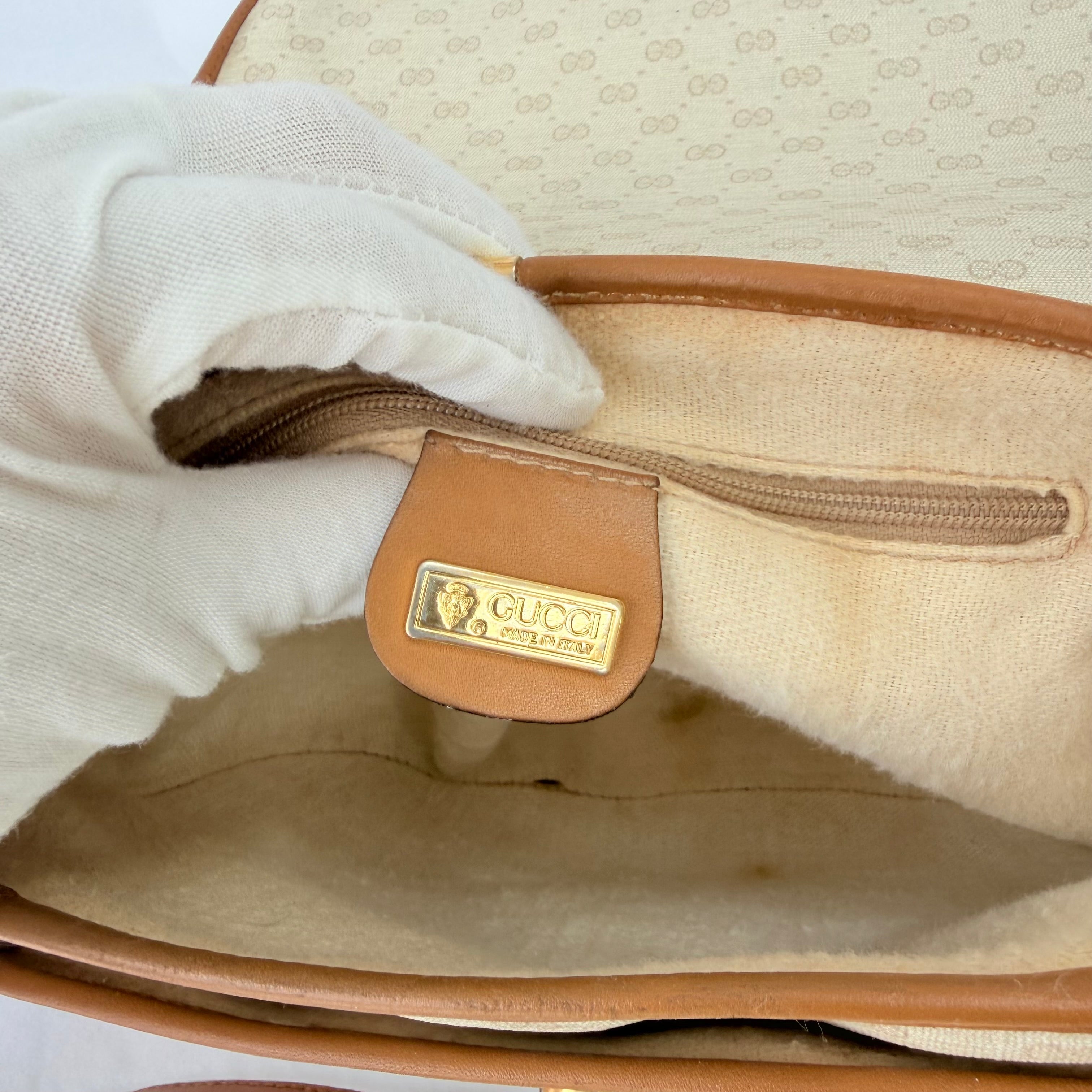 Vintage Gucci GG Supreme Monogram Small Leather Coated Canvas Beige Tan Cream Crossbody Turn Lock Handbag