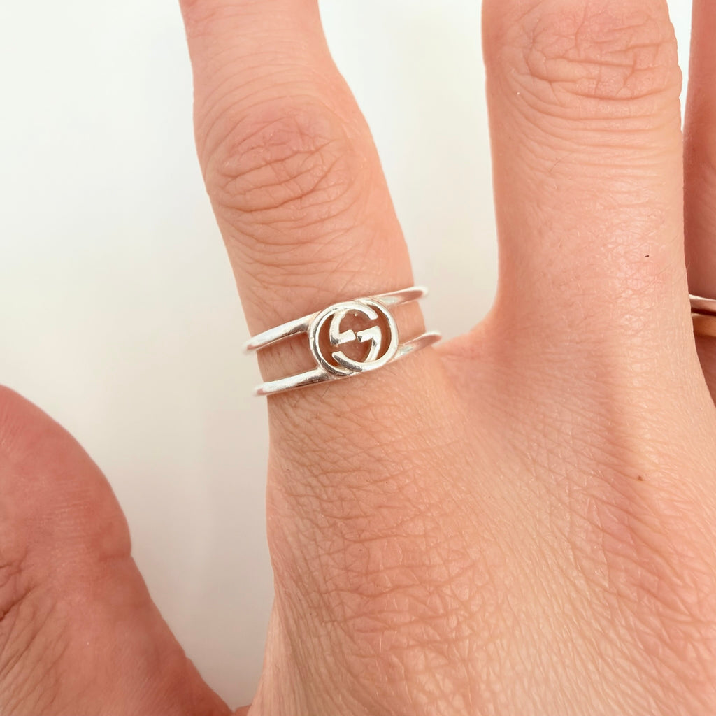 Gucci Interlocking Cut Out GG Double Band 6mm Silver Women's unisex Size 11, UK K1/2, EU 51
