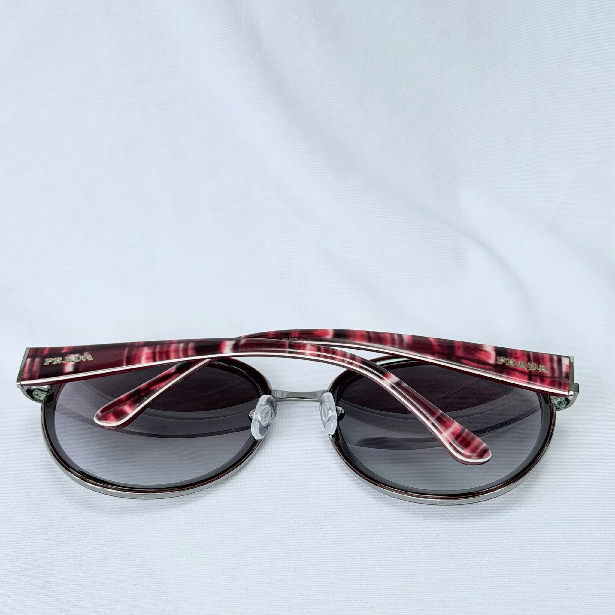 Prada SPR 51N Burgundy Red Striped Arms Oversized Oval Round Women’s Sunglasses