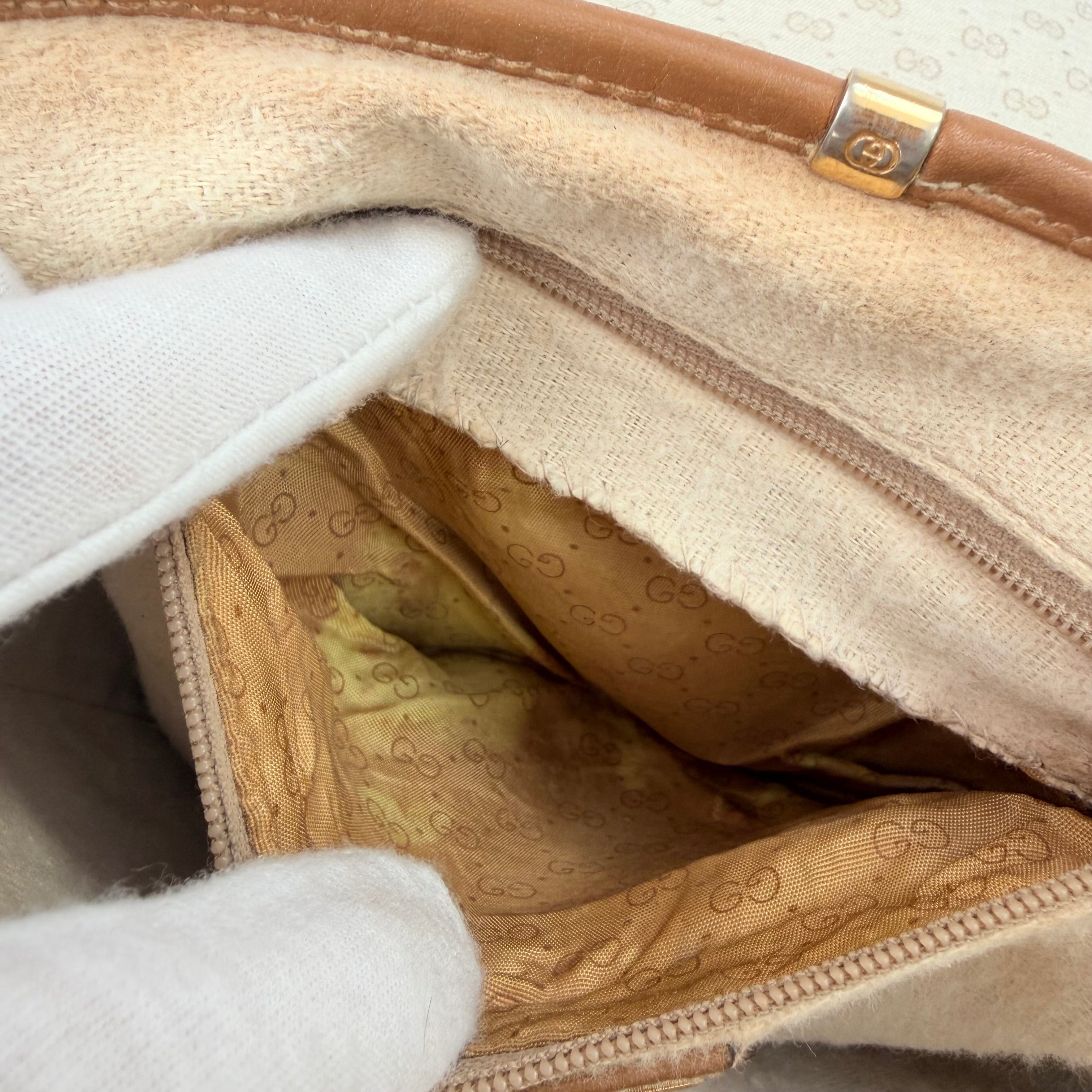 Vintage Gucci GG Supreme Monogram Small Leather Coated Canvas Beige Tan Cream Crossbody Turn Lock Handbag