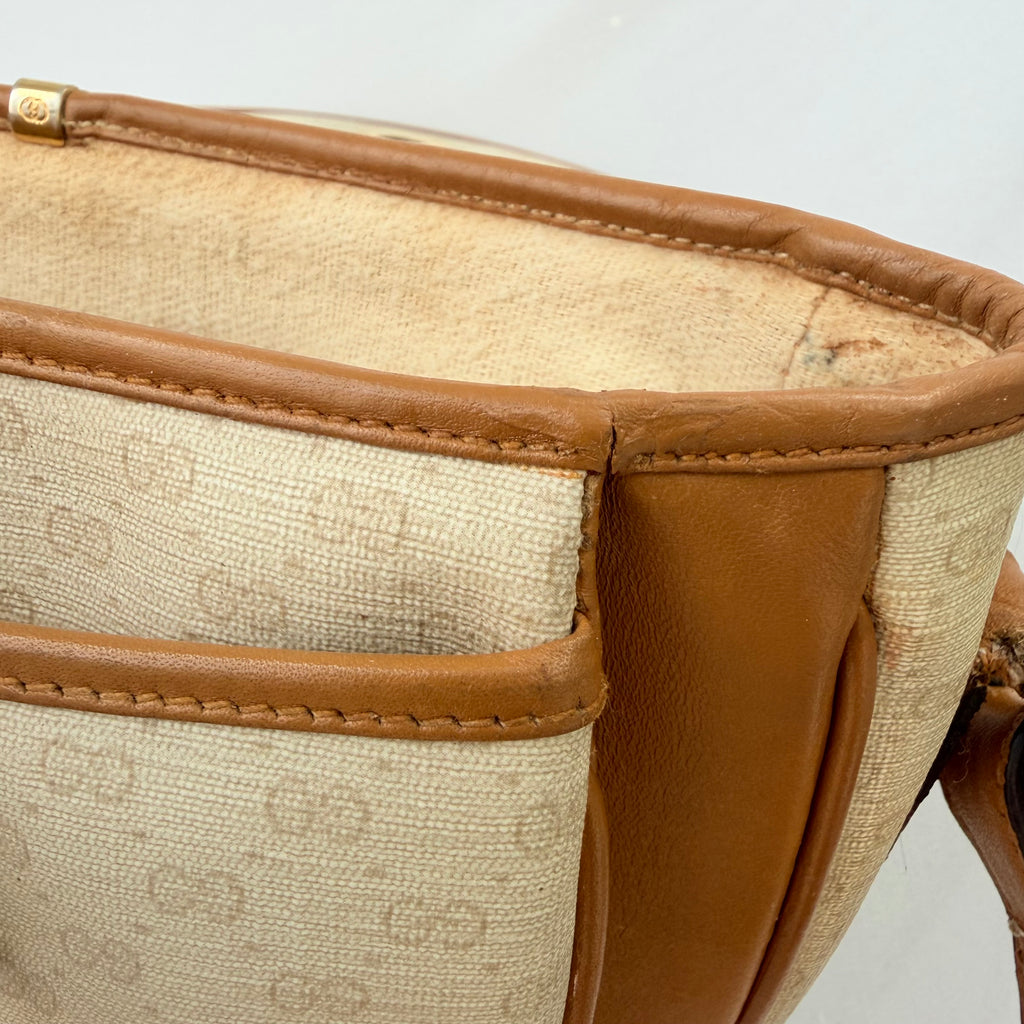 Vintage Gucci GG Supreme Monogram Small Leather Coated Canvas Beige Tan Cream Crossbody Turn Lock Handbag