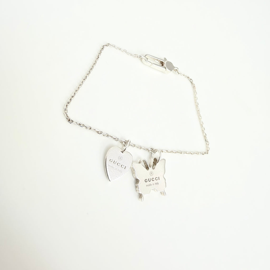 Gucci Heart Butterfly Charm Sterling Silver 925 Women's Bracelet 17cm With Packaging