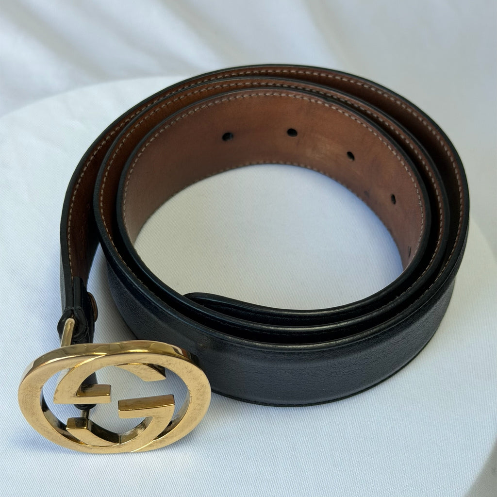 Gucci Interlocking G 24K Gold Plated Black Leather Belt 3.5cm width 36” 370543