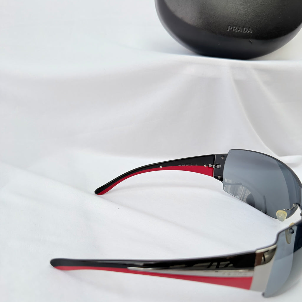 Vintage Prada Wrap Shield Red, Silver & Black Unisex Sunglasses SPR 54G With Case