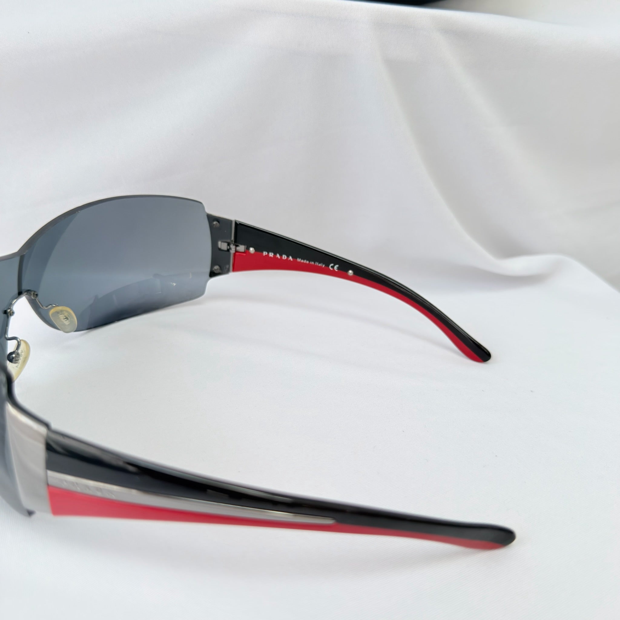 Vintage Prada Wrap Shield Red, Silver & Black Unisex Sunglasses SPR 54G With Case