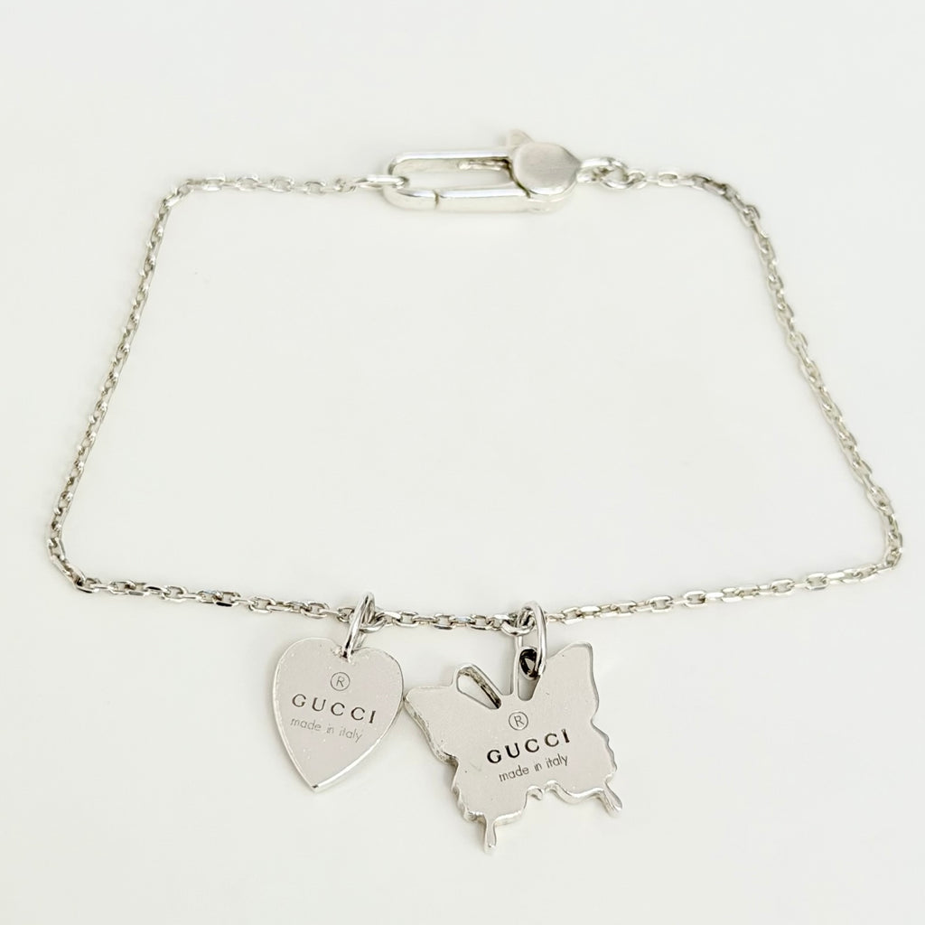 Gucci Heart Butterfly Charm Sterling Silver 925 Women's Bracelet 17cm With Packaging
