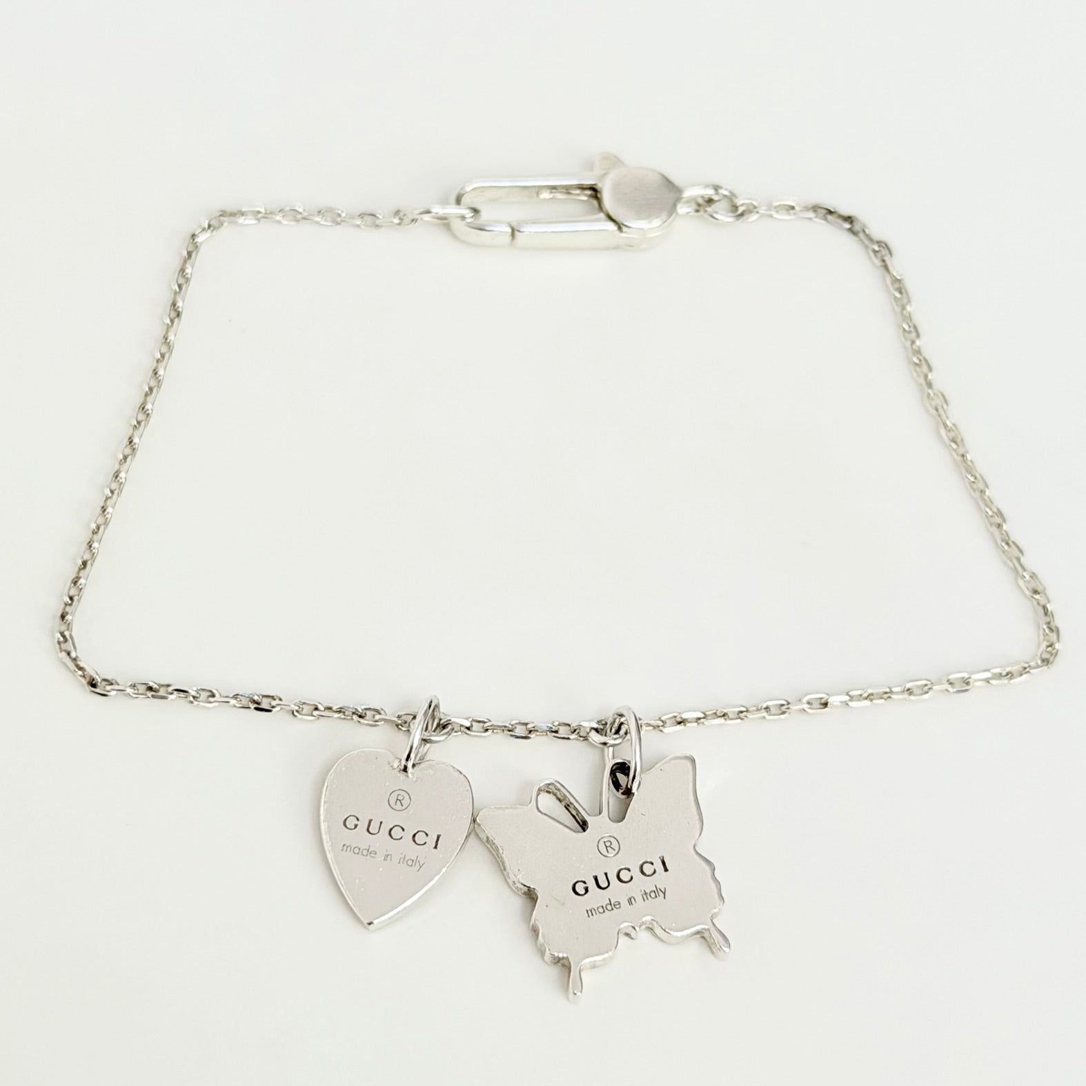 Gucci Heart Butterfly Charm Sterling Silver 925 Women's Bracelet 17cm With Packaging