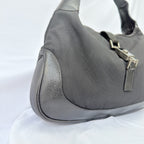 Vintage Gucci Jackie Small Handbag Black Leather And Nylon Piston Push-Lock Silver Closure Single Adjustable Strap