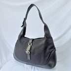 Vintage Gucci Jackie Small Handbag Black Leather And Nylon Piston Push-Lock Silver Closure Single Adjustable Strap