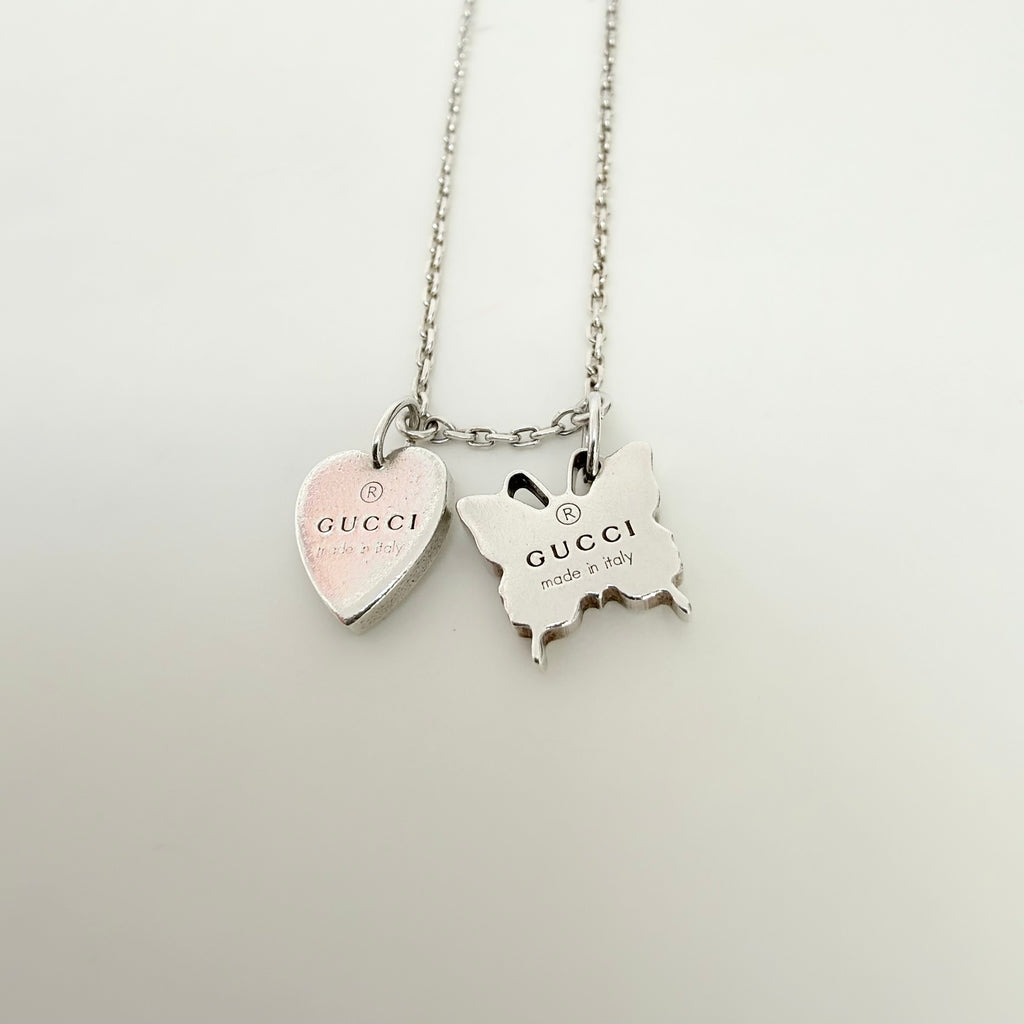 Gucci Heart Butterfly Charm Sterling Silver 925 Women's Necklace 17.5-19” With Packaging