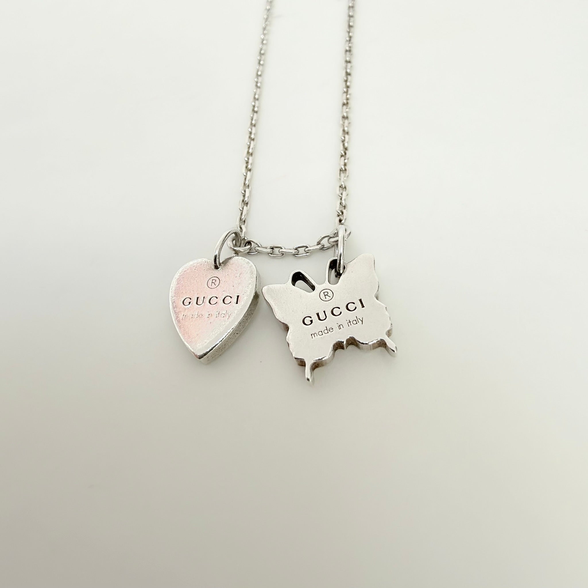 Gucci Heart Butterfly Charm Sterling Silver 925 Women's Necklace 17.5-19” With Packaging