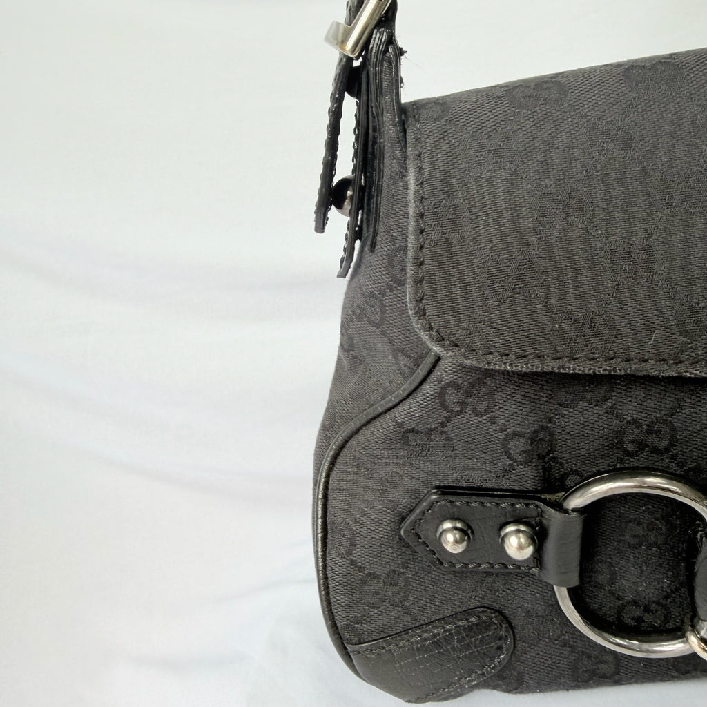 Vintage Gucci Horsebit Black Monogram Canvas Medium Shoulder Handbag Tom Ford Era 2004