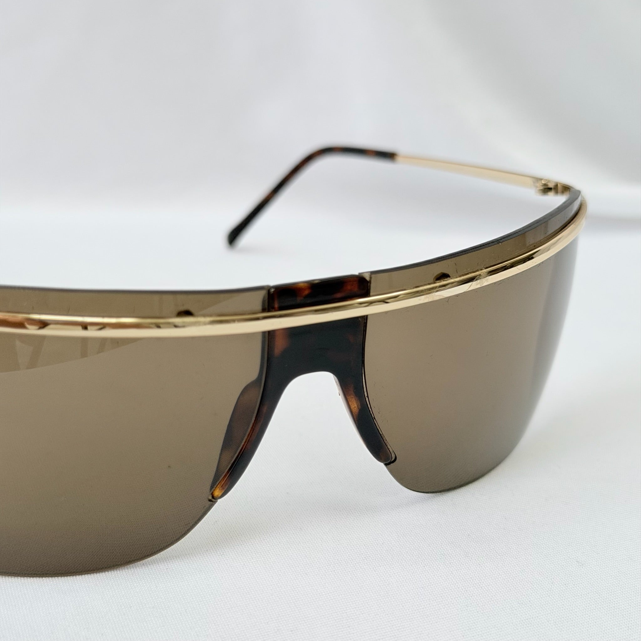 Vintage Gucci GG1870/S J5G6J Brown Gold Rimless Shield Wrap Sunglasses With Case