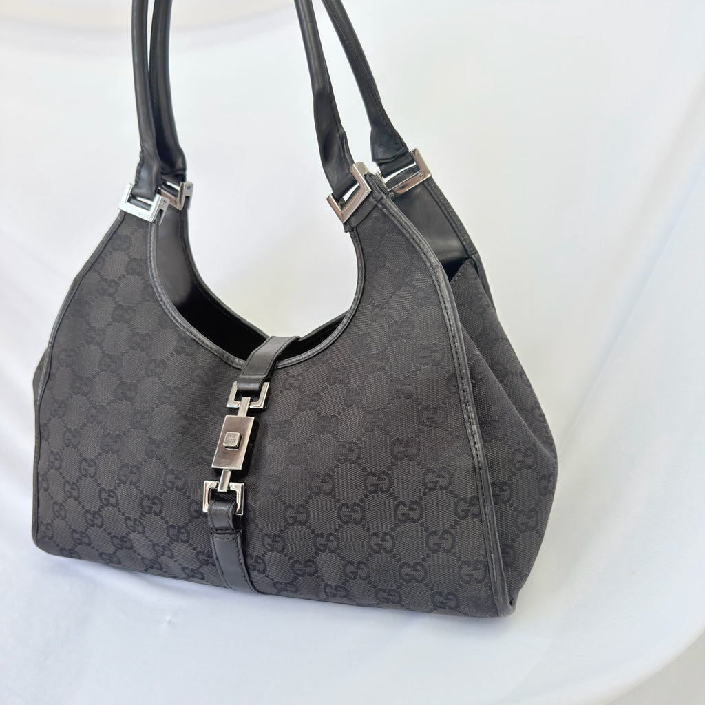 Vintage Gucci Jackie Bardot Medium Size GG Monogram Canvas Leather Black Handbag With Dustbag