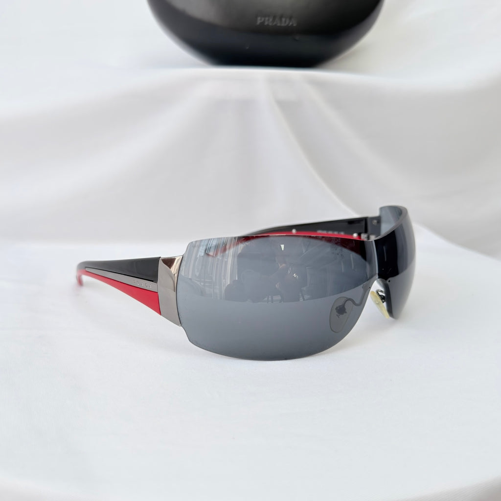 Vintage Prada Wrap Shield Red, Silver & Black Unisex Sunglasses SPR 54G With Case