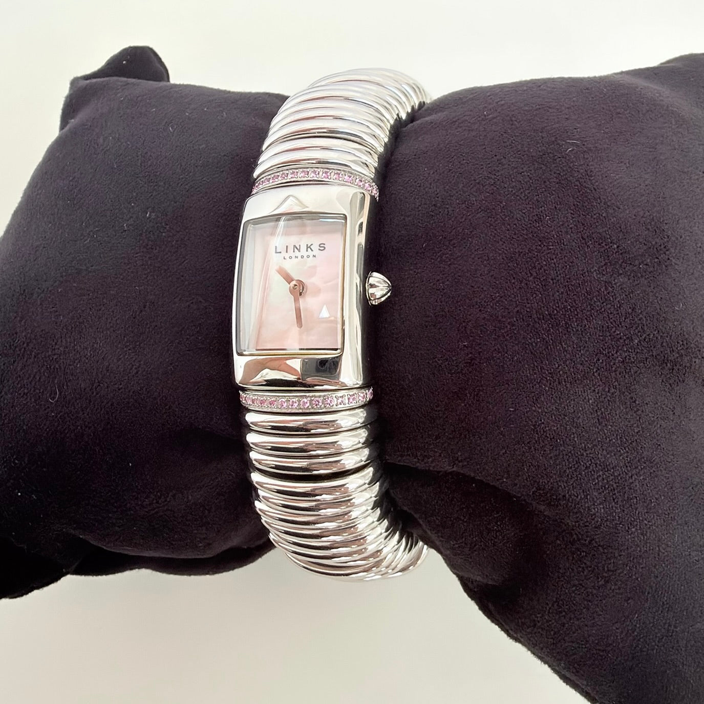 Links Of London Sweetie Watch Silver Pink Diamantés Elasticated Strap Iridescent Watch Face With Packaging 17cm